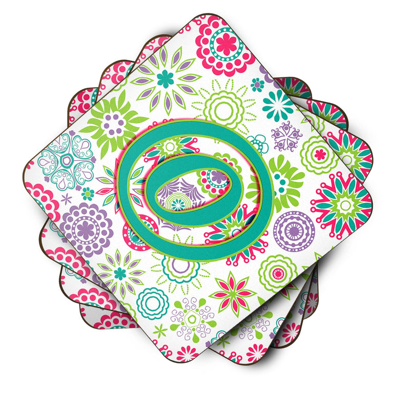 Set of 4 Letter O Flowers Pink Teal Green Initial Foam Coasters CJ2011-OFC