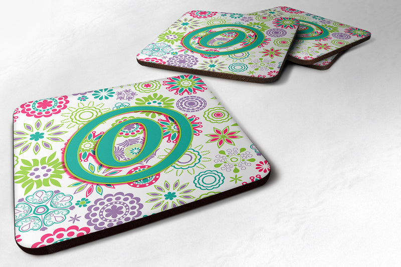 Set of 4 Letter O Flowers Pink Teal Green Initial Foam Coasters CJ2011-OFC