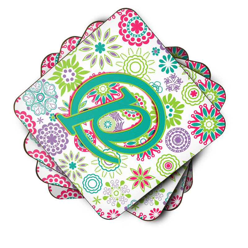 Set of 4 Letter P Flowers Pink Teal Green Initial Foam Coasters CJ2011-PFC