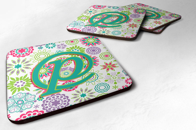 Set of 4 Letter P Flowers Pink Teal Green Initial Foam Coasters CJ2011-PFC