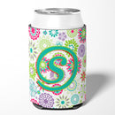 Letter S Flowers Pink Teal Green Initial Can or Bottle Hugger Cooler Sleeve for Standard 12 oz Cans, Insulated Foam Beer & Soda Can Hugger Reusable
