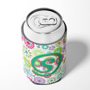 Letter S Flowers Pink Teal Green Initial Can or Bottle Hugger Cooler Sleeve for Standard 12 oz Cans, Insulated Foam Beer & Soda Can Hugger Reusable