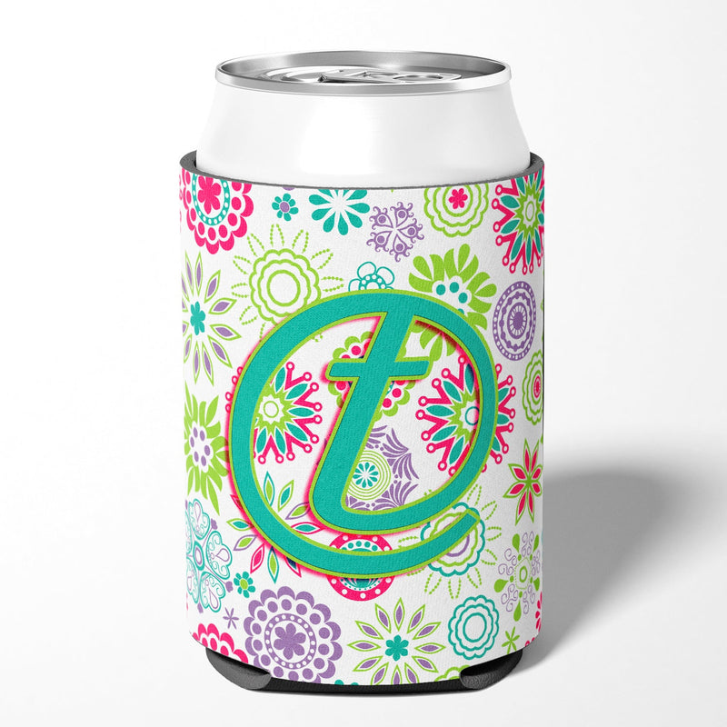 Letter T Flowers Pink Teal Green Initial Can or Bottle Hugger CJ2011-TCC