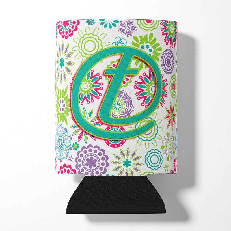 Letter T Flowers Pink Teal Green Initial Can or Bottle Hugger CJ2011-TCC