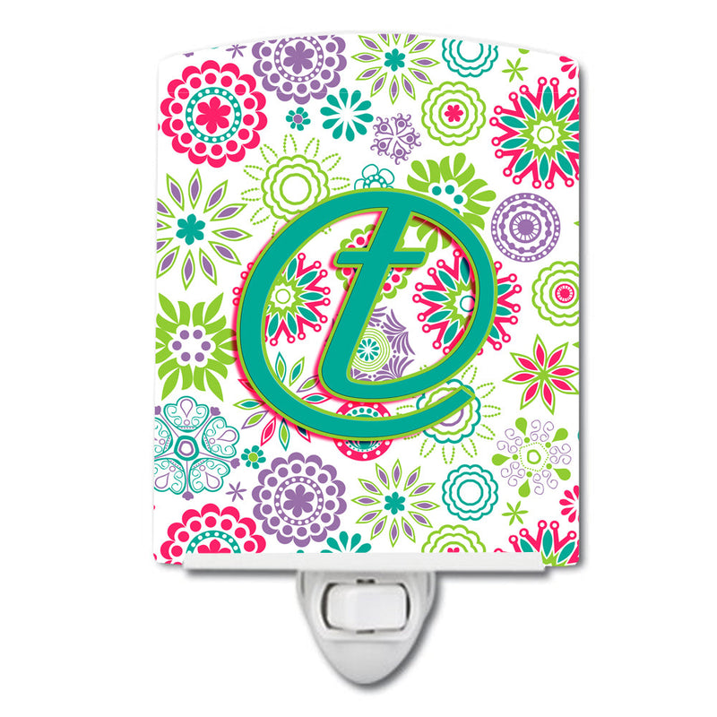 Letter T Flowers Pink Teal Green Initial Ceramic Night Light CJ2011-TCNL