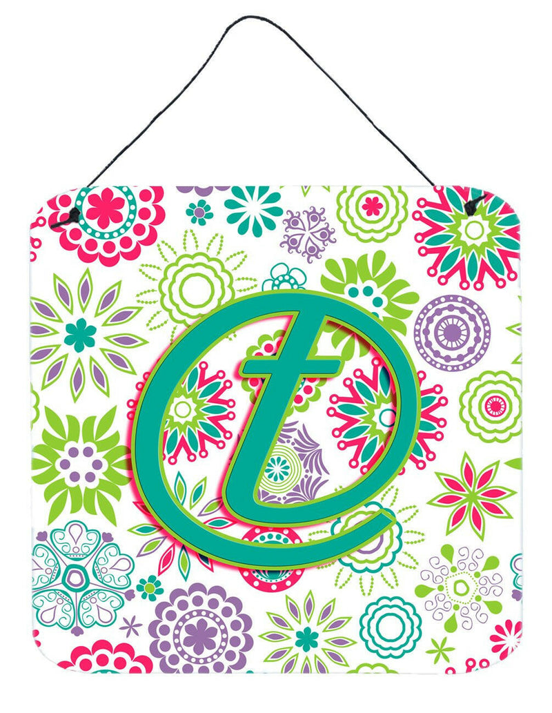 Letter T Flowers Pink Teal Green Initial Wall or Door Hanging Prints CJ2011-TDS66