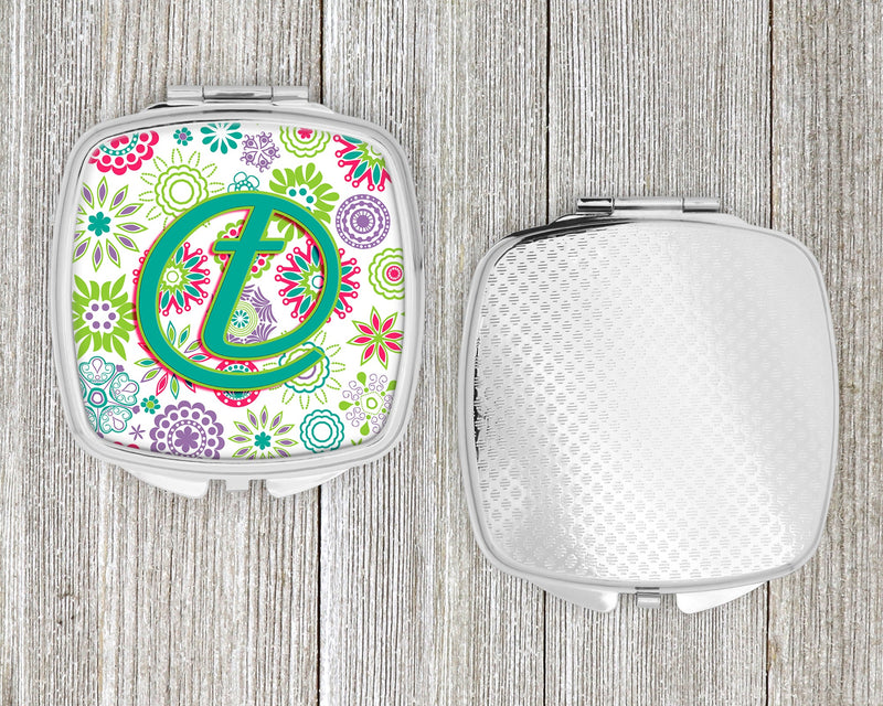 Letter T Flowers Pink Teal Green Initial Compact Mirror CJ2011-TSCM