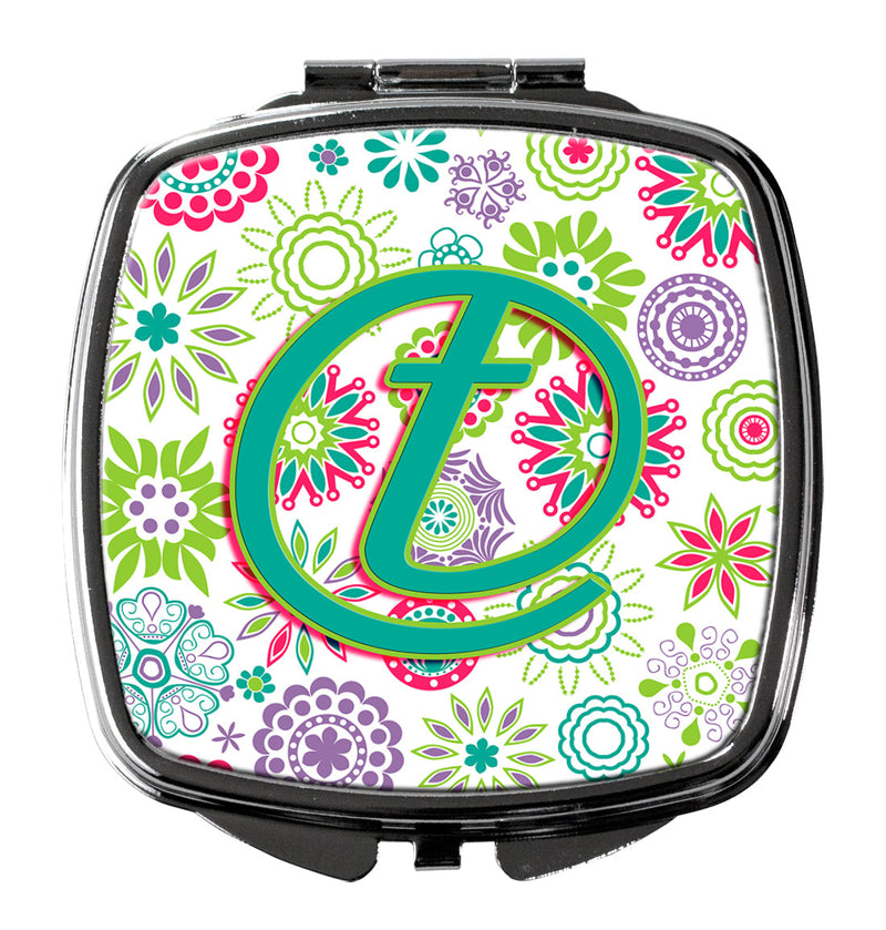 Letter T Flowers Pink Teal Green Initial Compact Mirror CJ2011-TSCM