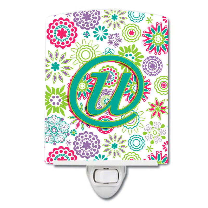 Letter U Flowers Pink Teal Green Initial Ceramic Night Light CJ2011-UCNL