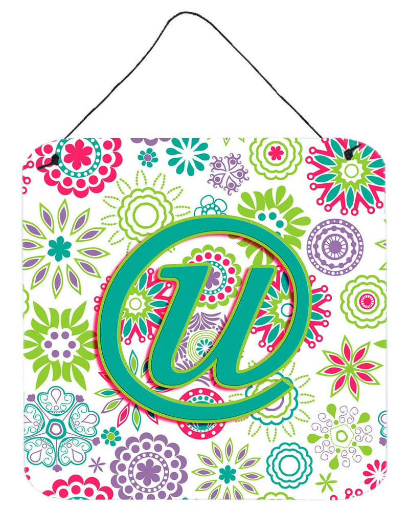 Letter U Flowers Pink Teal Green Initial Wall or Door Hanging Prints CJ2011-UDS66