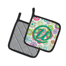 Letter U Flowers Pink Teal Green Initial Pot Holder Set of 2 Heat Resistant Quilted Hot Pads 7.5 x 7.5 Inch, Insulated Kitchen Trivets for Cooking & Baking