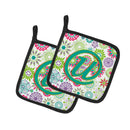 Letter U Flowers Pink Teal Green Initial Pot Holder Set of 2 Heat Resistant Quilted Hot Pads 7.5 x 7.5 Inch, Insulated Kitchen Trivets for Cooking & Baking