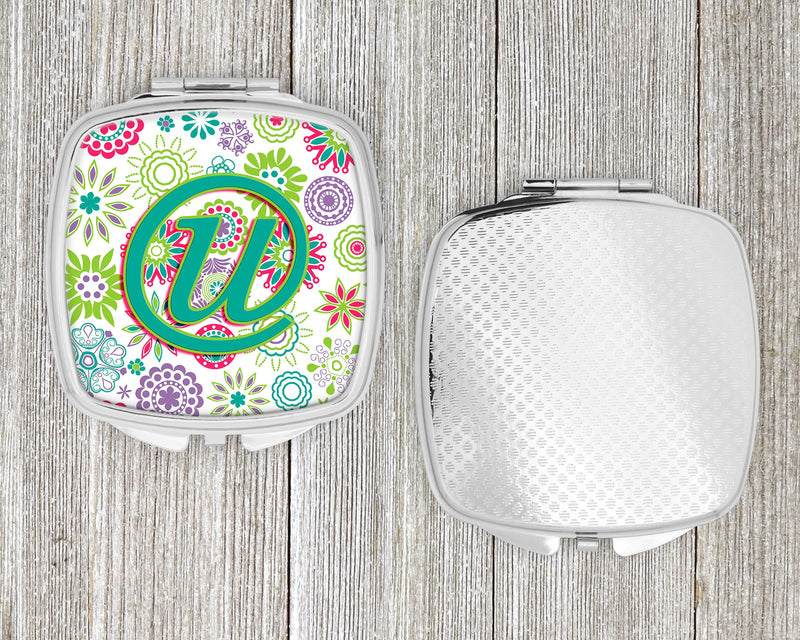 Letter U Flowers Pink Teal Green Initial Compact Mirror CJ2011-USCM