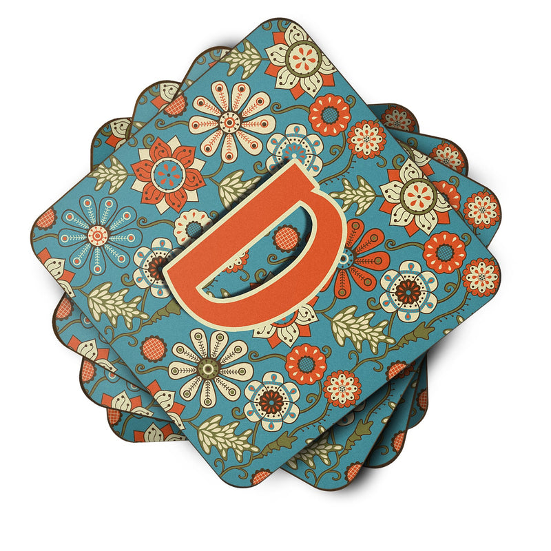 Set of 4 Letter D Flowers Retro Blue Foam Coasters CJ2012-DFC