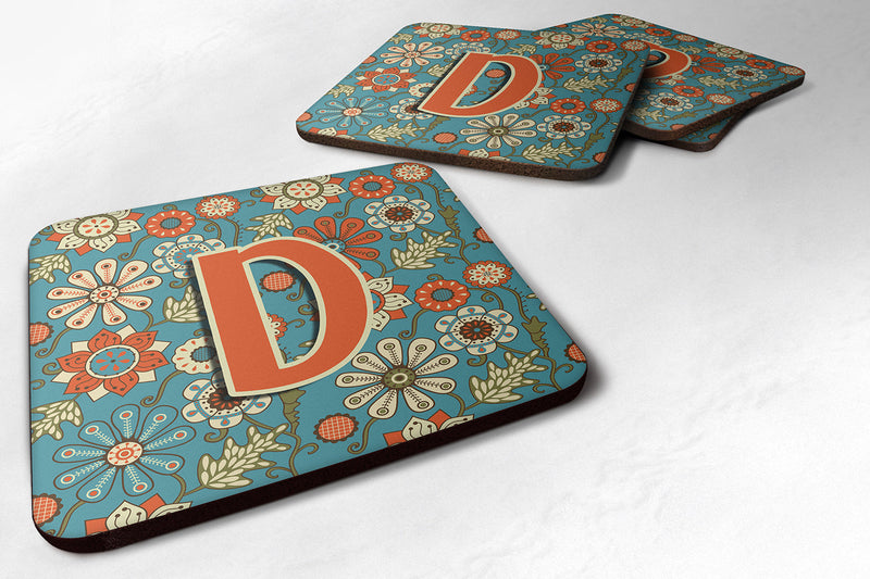 Set of 4 Letter D Flowers Retro Blue Foam Coasters CJ2012-DFC