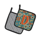 Letter D Flowers Retro Blue Pot Holder Set of 2 Heat Resistant Quilted Hot Pads 7.5 x 7.5 Inch, Insulated Kitchen Trivets for Cooking & Baking