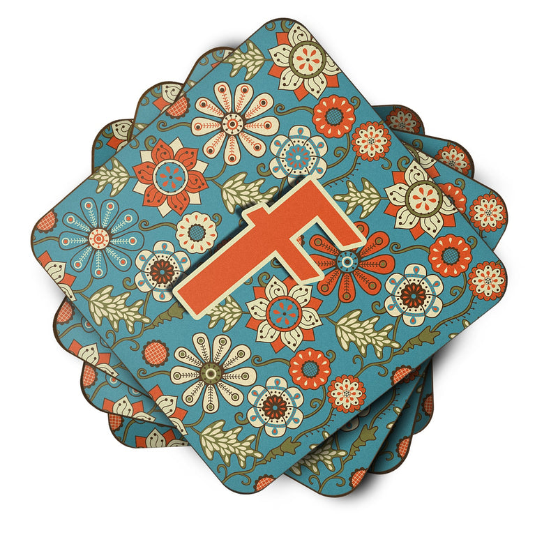 Set of 4 Letter F Flowers Retro Blue Foam Coasters CJ2012-FFC