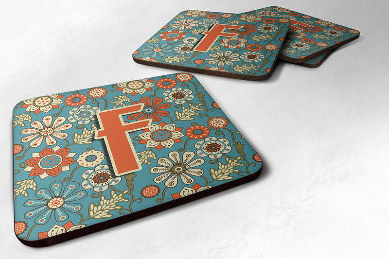 Set of 4 Letter F Flowers Retro Blue Foam Coasters CJ2012-FFC