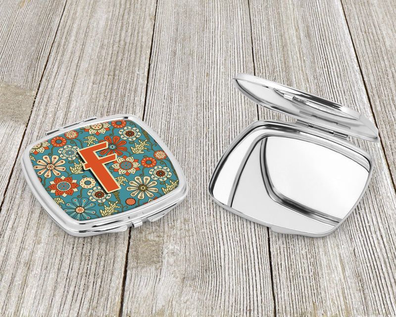 Letter F Flowers Retro Blue Compact Mirror CJ2012-FSCM