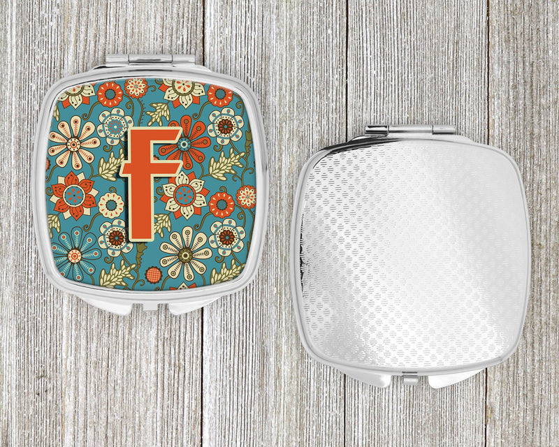 Letter F Flowers Retro Blue Compact Mirror CJ2012-FSCM