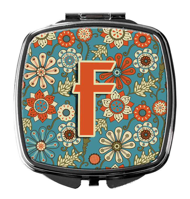 Letter F Flowers Retro Blue Compact Mirror CJ2012-FSCM