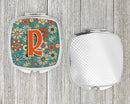 Letter R Flowers Retro Blue Compact Mirror Decorative Travel Makeup Mirror for Women Girls Gifts Pocket Makeup Mirror Folding Handheld