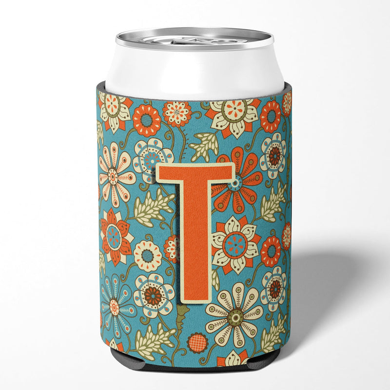 Letter T Flowers Retro Blue Can or Bottle Hugger CJ2012-TCC