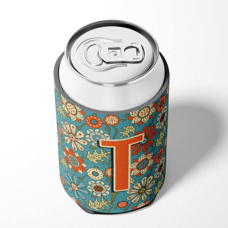 Letter T Flowers Retro Blue Can or Bottle Hugger CJ2012-TCC