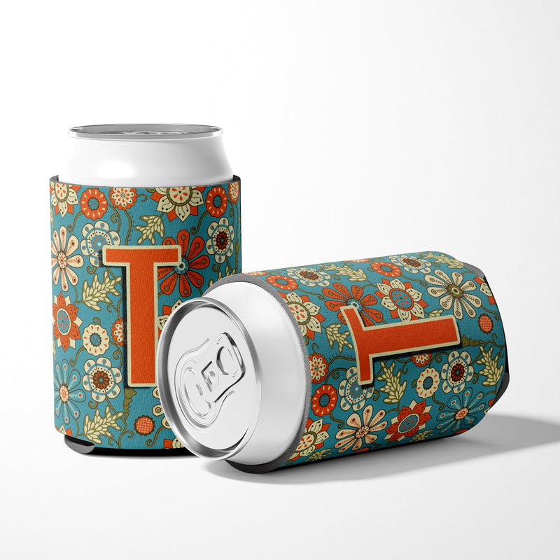 Letter T Flowers Retro Blue Can or Bottle Hugger CJ2012-TCC