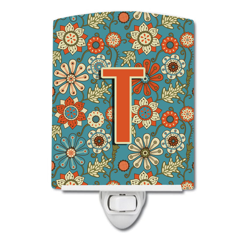 Letter T Flowers Retro Blue Ceramic Night Light CJ2012-TCNL