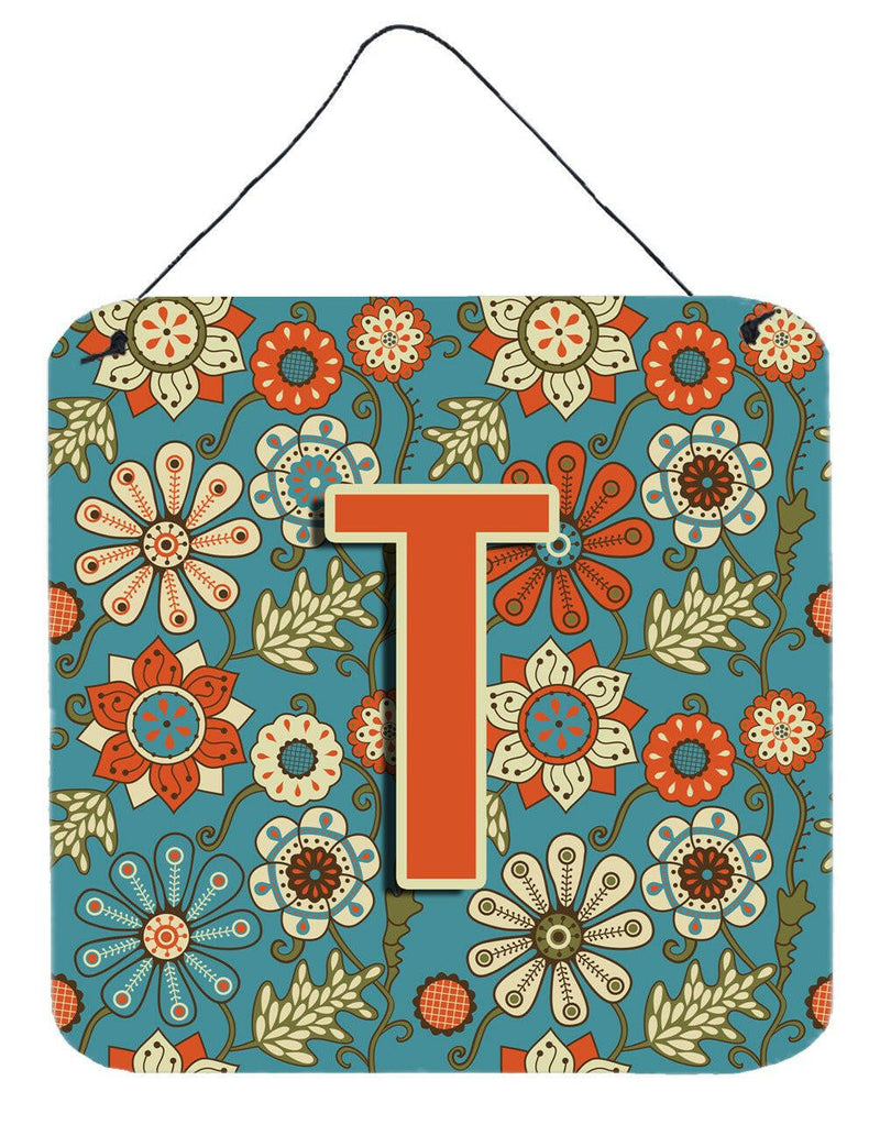 Letter T Flowers Retro Blue Wall or Door Hanging Prints CJ2012-TDS66