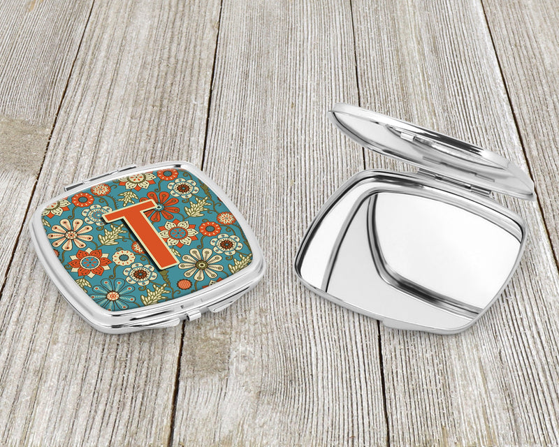 Letter T Flowers Retro Blue Compact Mirror CJ2012-TSCM