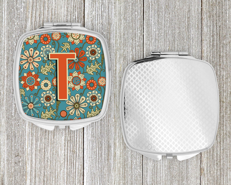 Letter T Flowers Retro Blue Compact Mirror CJ2012-TSCM