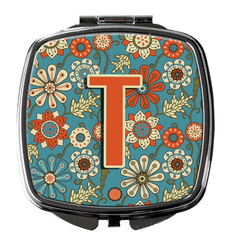 Letter T Flowers Retro Blue Compact Mirror CJ2012-TSCM