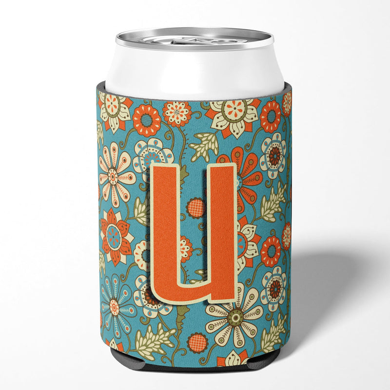 Letter U Flowers Retro Blue Can or Bottle Hugger CJ2012-UCC