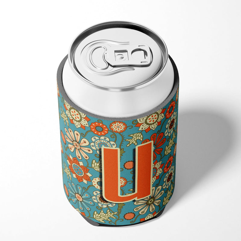 Letter U Flowers Retro Blue Can or Bottle Hugger CJ2012-UCC