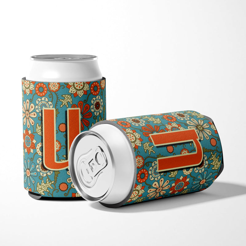 Letter U Flowers Retro Blue Can or Bottle Hugger CJ2012-UCC