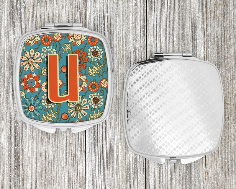 Letter U Flowers Retro Blue Compact Mirror CJ2012-USCM