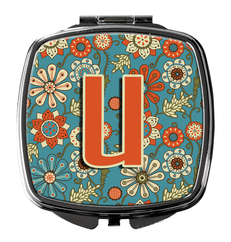 Letter U Flowers Retro Blue Compact Mirror CJ2012-USCM