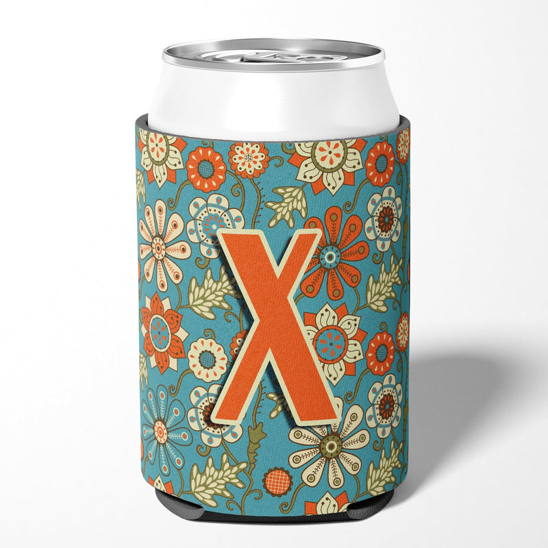 Letter X Flowers Retro Blue Can or Bottle Hugger CJ2012-XCC