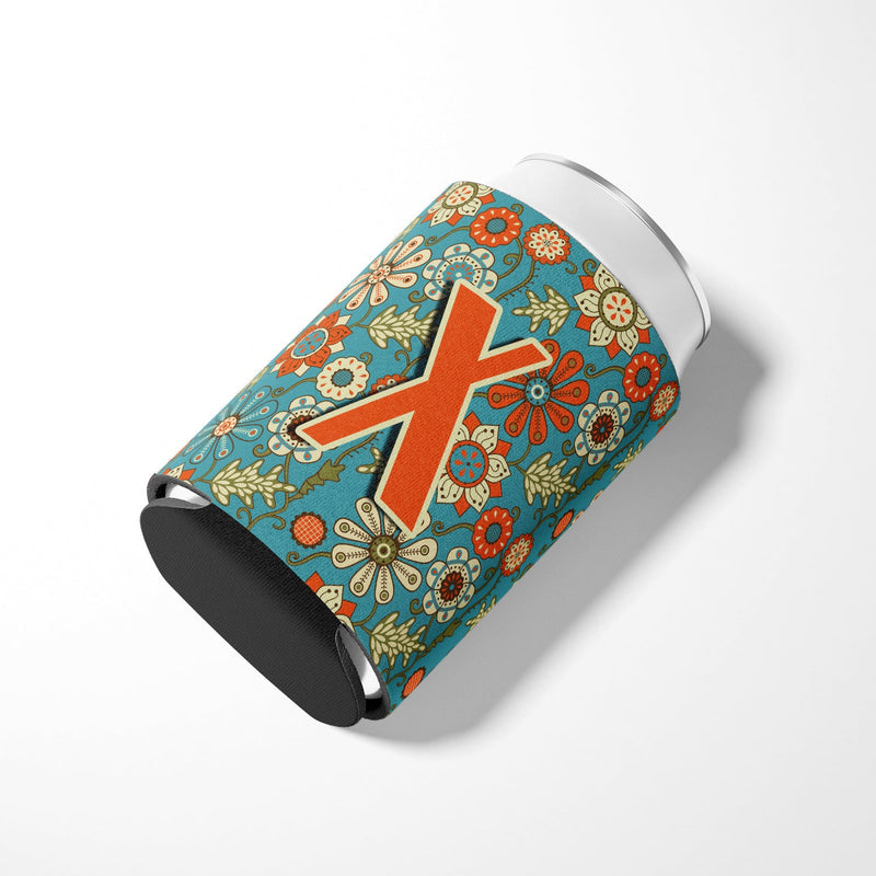 Letter X Flowers Retro Blue Can or Bottle Hugger CJ2012-XCC