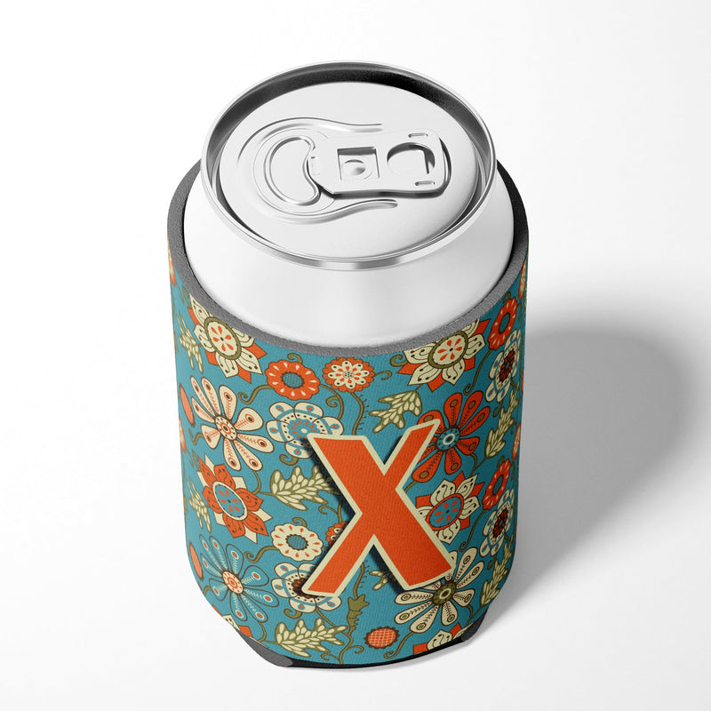 Letter X Flowers Retro Blue Can or Bottle Hugger CJ2012-XCC