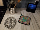 Letter D Retro Tribal Alphabet Initial Pot Holder Set of 2 Heat Resistant Quilted Hot Pads 7.5 x 7.5 Inch, Insulated Kitchen Trivets for Cooking & Baking