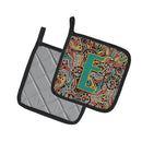 Letter E Retro Tribal Alphabet Initial Pot Holder Set of 2 Heat Resistant Quilted Hot Pads 7.5 x 7.5 Inch, Insulated Kitchen Trivets for Cooking & Baking