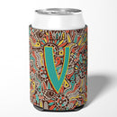 Letter V Retro Tribal Alphabet Initial Can or Bottle Hugger Cooler Sleeve for Standard 12 oz Cans, Insulated Foam Beer & Soda Can Hugger Reusable