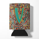Letter V Retro Tribal Alphabet Initial Can or Bottle Hugger Cooler Sleeve for Standard 12 oz Cans, Insulated Foam Beer & Soda Can Hugger Reusable
