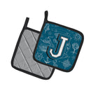 Letter J Sea Doodles Initial Alphabet Pot Holder Set of 2 Heat Resistant Quilted Hot Pads 7.5 x 7.5 Inch, Insulated Kitchen Trivets for Cooking & Baking