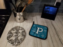 Letter P Sea Doodles Initial Alphabet Pot Holder Set of 2 Heat Resistant Quilted Hot Pads 7.5 x 7.5 Inch, Insulated Kitchen Trivets for Cooking & Baking