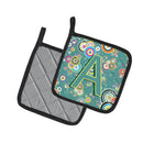 Letter A Circle Circle Teal Initial Alphabet Pot Holder Set of 2 Heat Resistant Quilted Hot Pads 7.5 x 7.5 Inch, Insulated Kitchen Trivets for Cooking & Baking