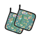 Letter E Circle Circle Teal Initial Alphabet Pot Holder Set of 2 Heat Resistant Quilted Hot Pads 7.5 x 7.5 Inch, Insulated Kitchen Trivets for Cooking & Baking
